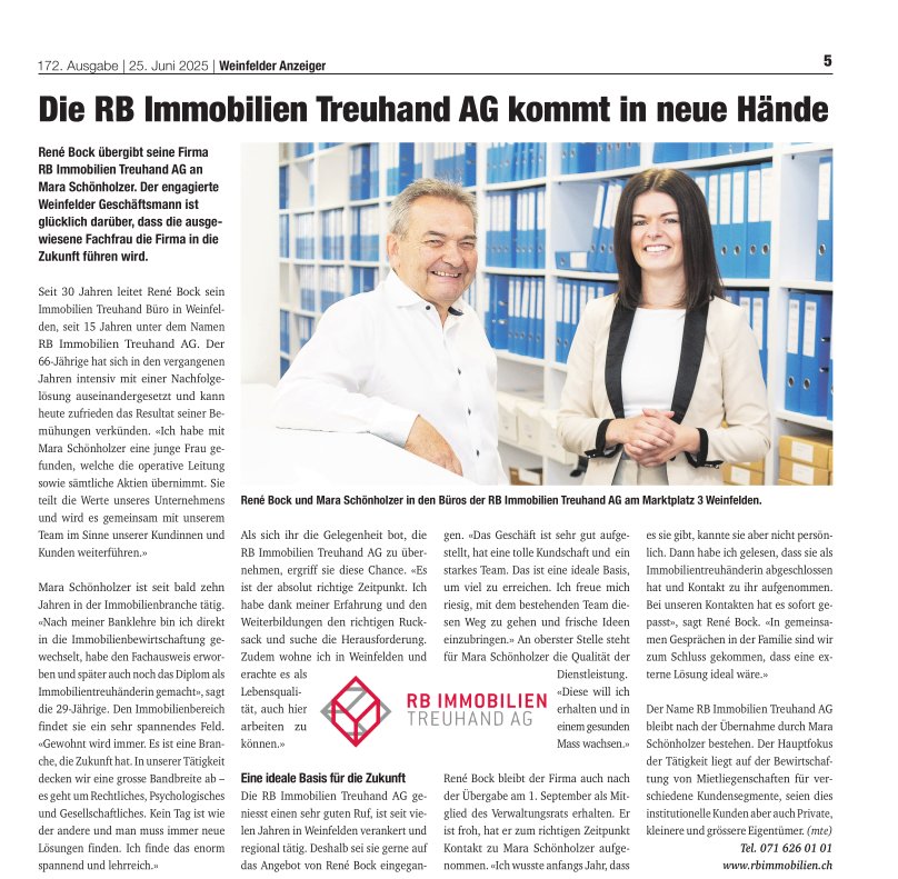 Artikel «Die RB Immobilien Treuhand AG kommt in neue Hände», Weinfelder Anzeiger, 25. Juni 2025